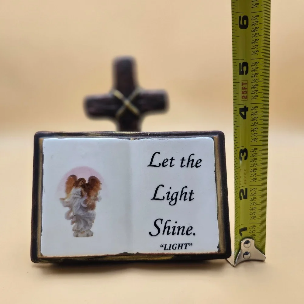 Religious Cross Book Planter Figurine Angel Let the‎ Light Shine 